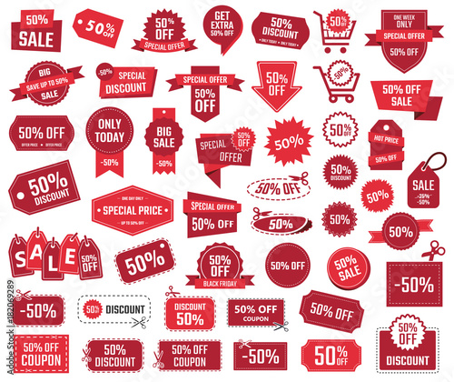 special offer 50% percent, sale banners and coupons, 50 percent off discount