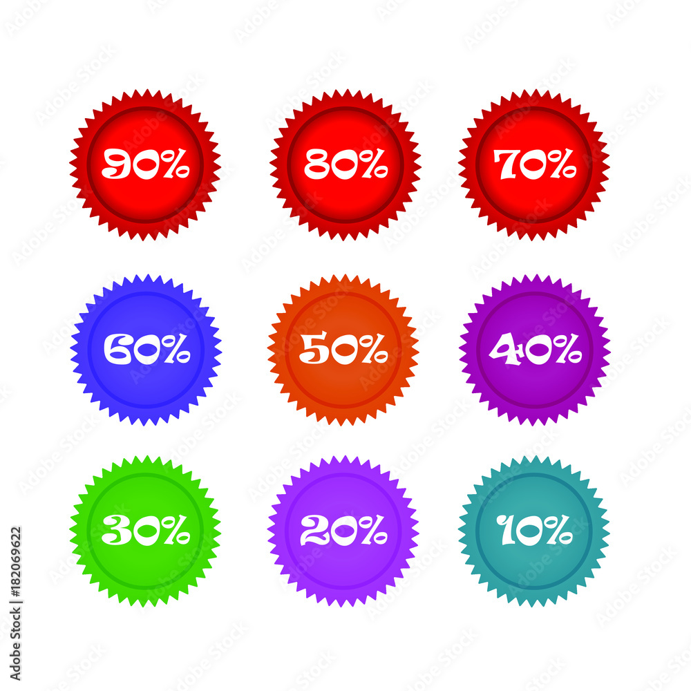 set of circle colorful discount label stickers ten to ninety percent price off for big sale set of circle colorful discount label stickers ten to ninety percent price off for big sale