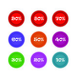 set of circle colorful discount label stickers ten to ninety percent price off for big sale