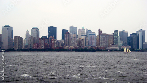 New York skyline seen from the river and ship sailing