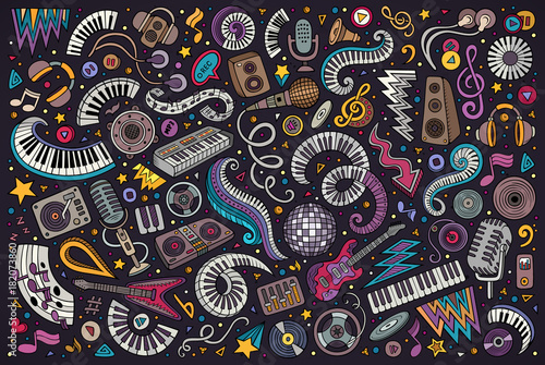Colorful vector doodles cartoon set of disco music objects