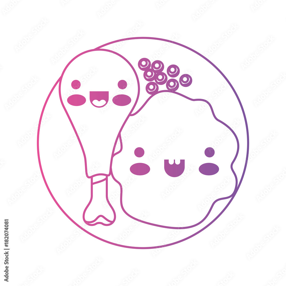 kawaii food plate with chicken thigh with peas and rice in degraded magenta to purple color contour kawaii food plate with chicken thigh with peas and rice in degraded magenta to purple color contour