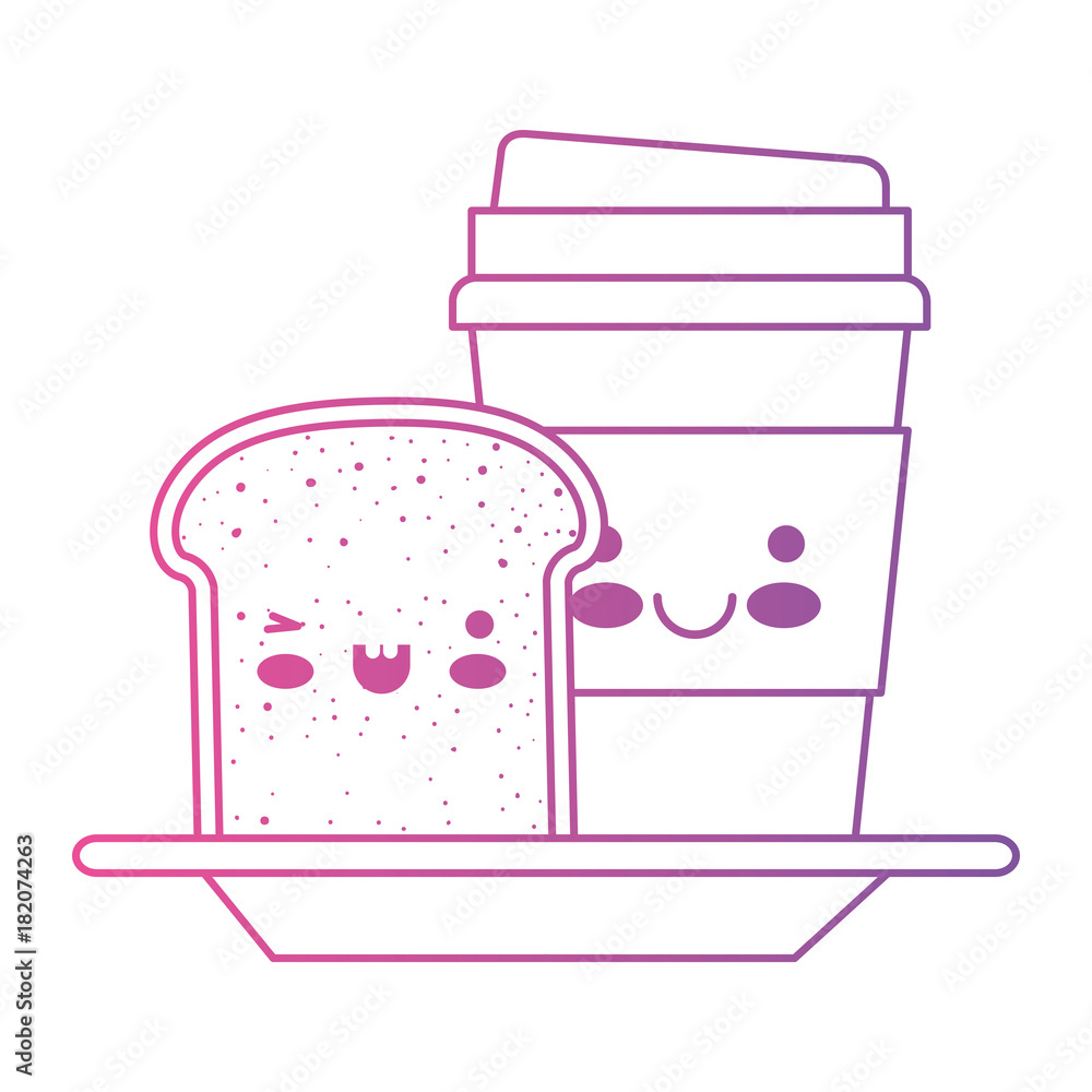 kawaii disposable coffee cup and bread slice in degraded magenta to purple color contour kawaii disposable coffee cup and bread slice in degraded magenta to purple color contour