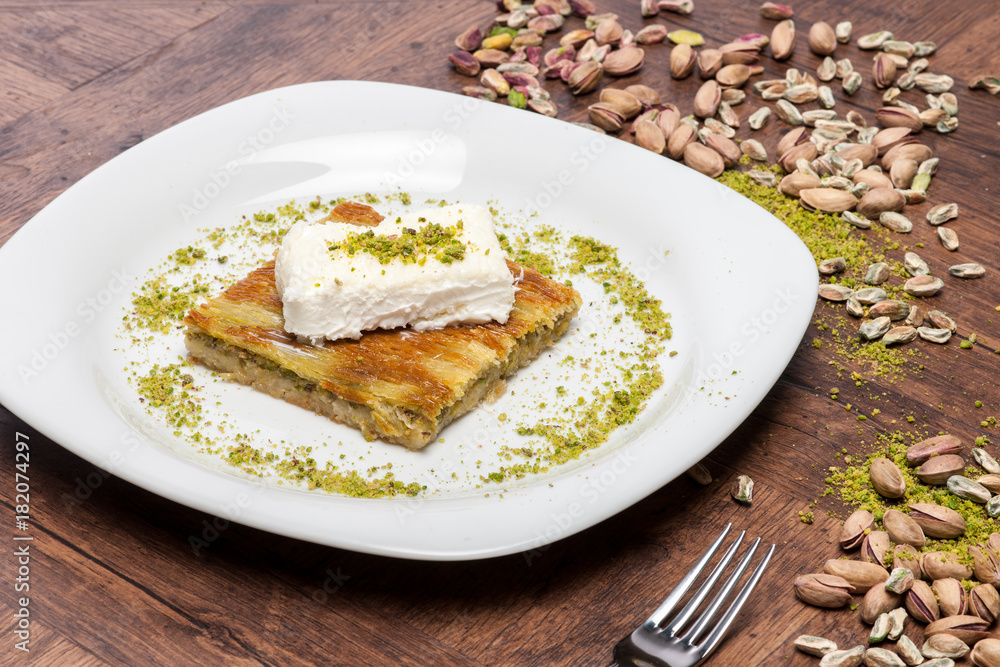 Close up of a delicious traditional turkish food baklava with pistachio
