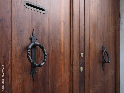 Elegant door with round doorknockers.