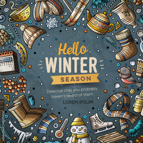 Cartoon vector doodles Winter objects frame card design