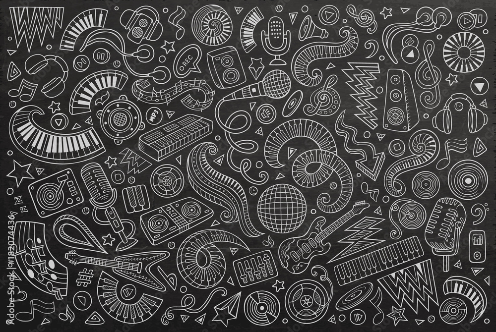 Obraz premium Line art vector doodles cartoon set of disco music objects