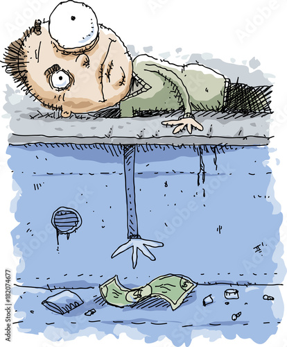 A cartoon man reaching down through a hole on the street to grab some cash money.