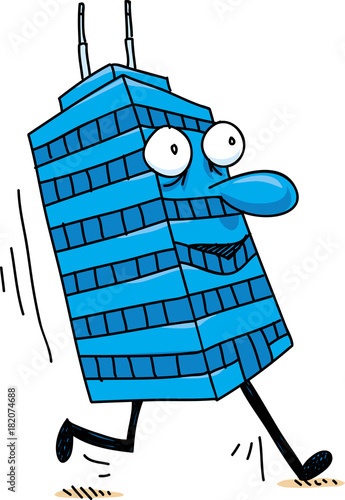 A happy, cartoon office tower character going for a brisk walk.