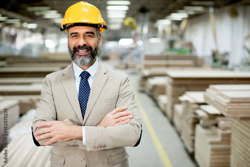 Middle-aged businessman in factory Middle-aged businessman in factory