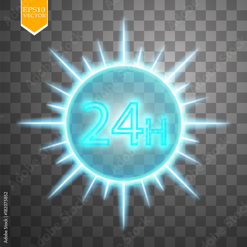 twenty four seven concept open all days.Illustration of Vector Neon Sign. Open 24 Hours Glowing Neon Frame on transparent background. 24 7