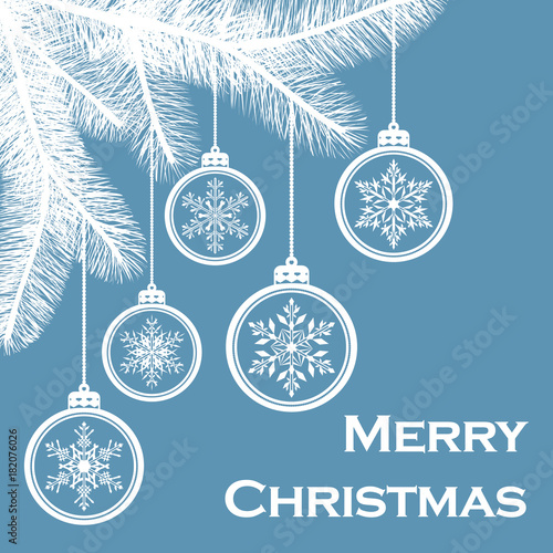 Hanging Christmas balls with snowflakes on spruce branches on a blue background. Merry Christmas holiday background. Vector illustration.