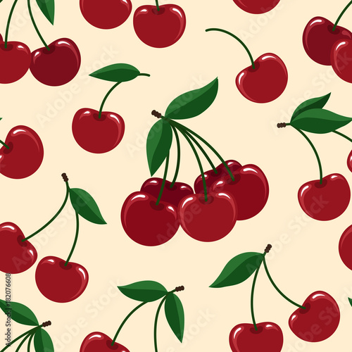 Cherry seamless pattern. Vector cherries fresh fruits vector seamless background