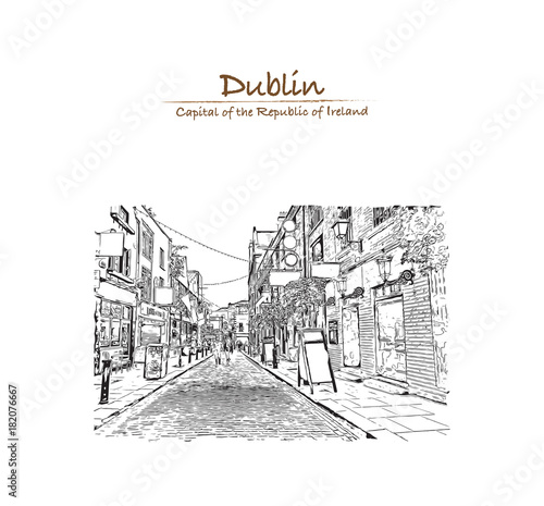 Hand drawn sketch of Street view Dublin, Ireland in vector illustration.
