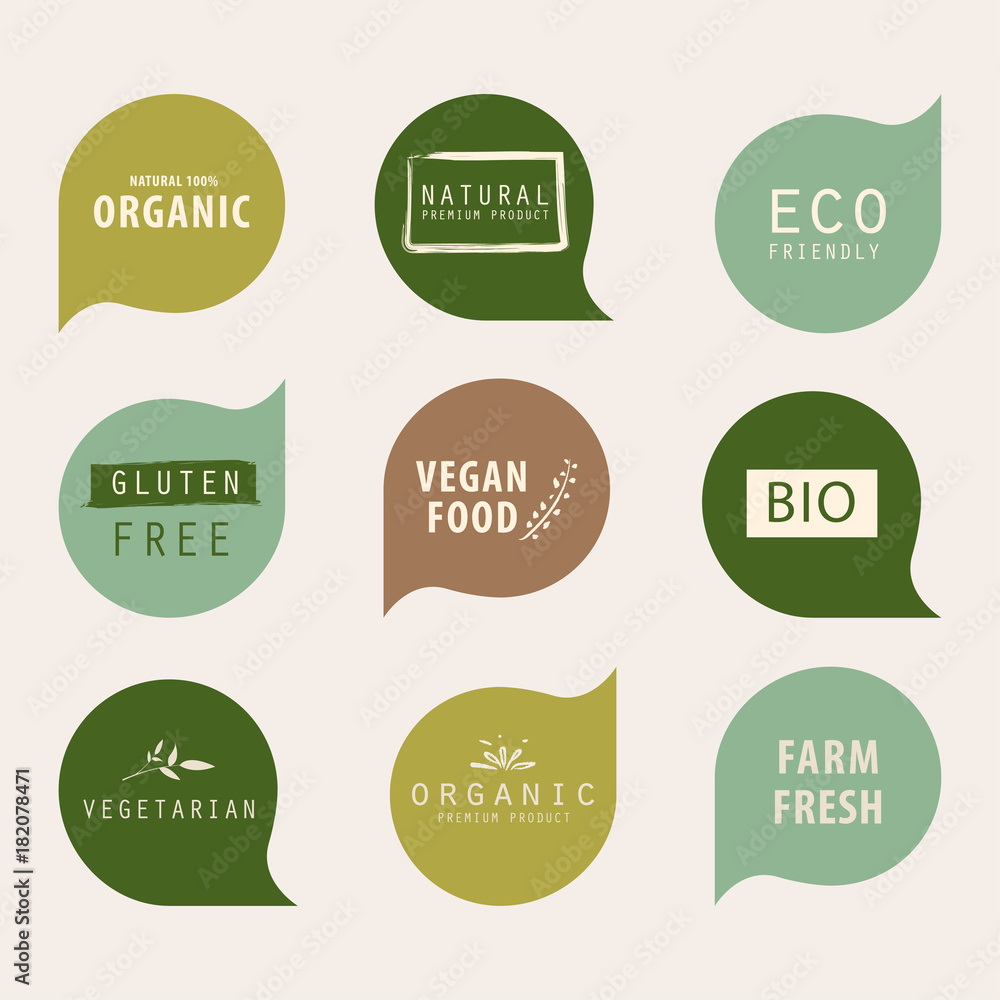natural and organic green banner or label design. farm fresh product element. - obrazy, fototapety, plakaty 