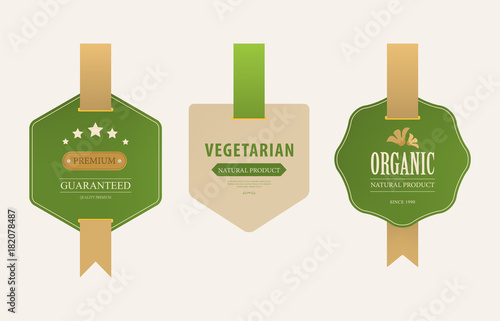 organic natural label and tag bannner. badge and ribbon green color.