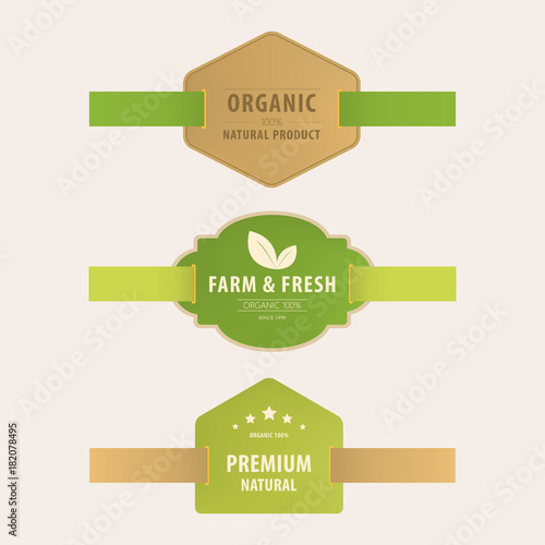 organic natural label and tag bannner. badge and ribbon green color.
