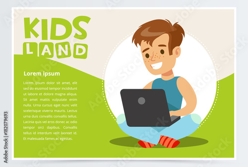 Smiling teenager boy sitting with laptop on his lap. Card or poster with schoolboy flat cartoon character. Vector illustration.