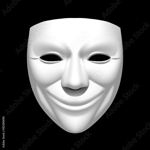 White theatrical smiling mask isolated on black