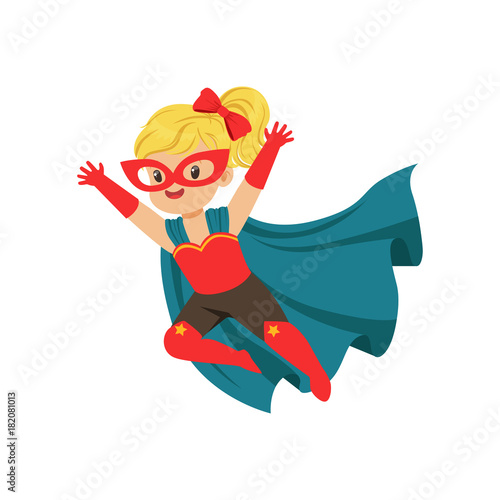 Comic brave flying kid in superhero costume with red mask and gloves, blue cape developing in the wind. Children s game. Vector super girl character.
