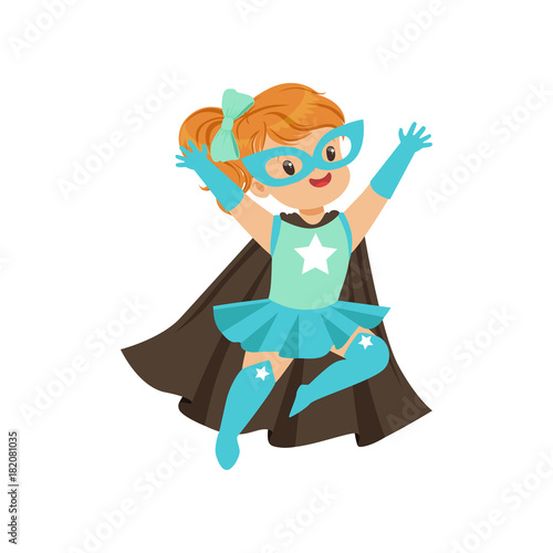 Comic brave kid in superhero blue costume with mask and developing in the wind black cape, flying with hands up.