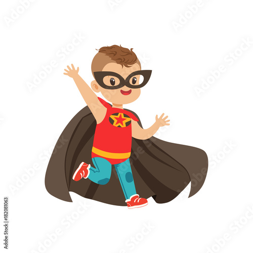 Comic brave kid with trendy haircut in colorful superhero costume. Children s game. Vector cartoon flat super boy character.