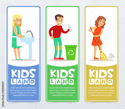 Set of vertical banners with children characters doing household chores washing dishes, sweeping the floor, throwing away plastic bottles. Vector illustration