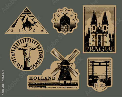 Vintage paper landmarks travel labels