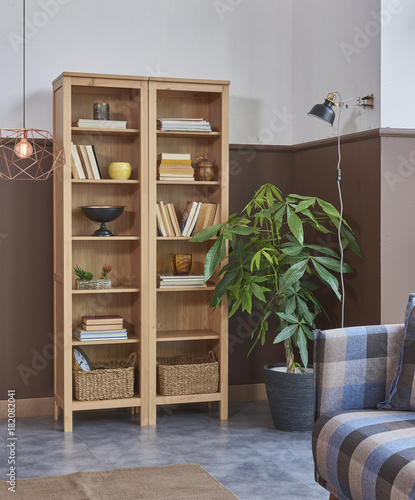 bookshelf corner at home with home ornaments © UnitedPhotoStudio