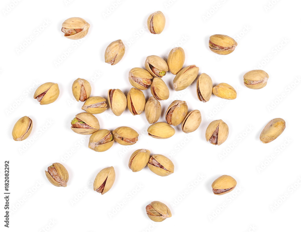 Pistachios isolated on white background, top view Pistachios isolated on white background, top view