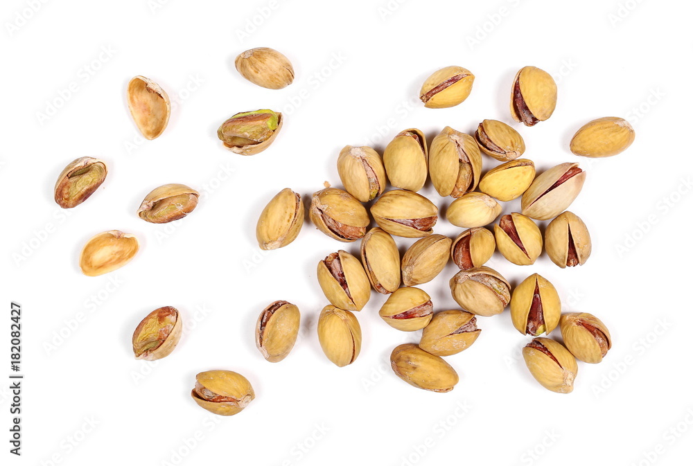 Pistachios isolated on white background, top view Pistachios isolated on white background, top view