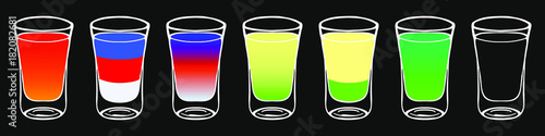 Set of shots with cocktails. Contour of the stack. A shot for tequila. Sketch, design element for advertising, printed products, for the menu of bars, restaurants. Vector EPS 10.