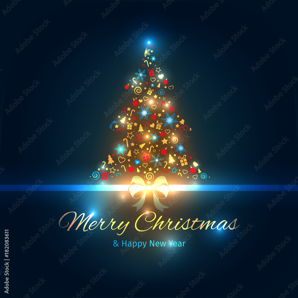 Christmas tree with lights, Christmas and New Year greeting card, well organized layers Christmas tree with lights, Christmas and New Year greeting card, well organized layers