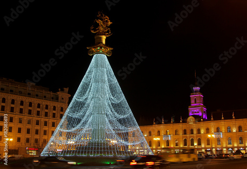  The main Christmas tree of the city. On the Freedom Square Tbilisi, Georgia in 2017. Winter and holiday illumination. New Year's decor.