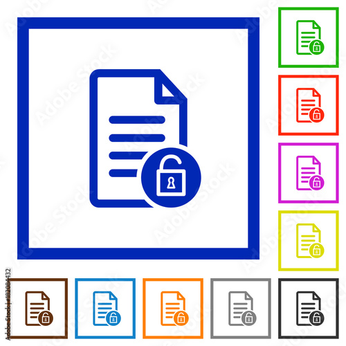 Unlock document flat framed icons