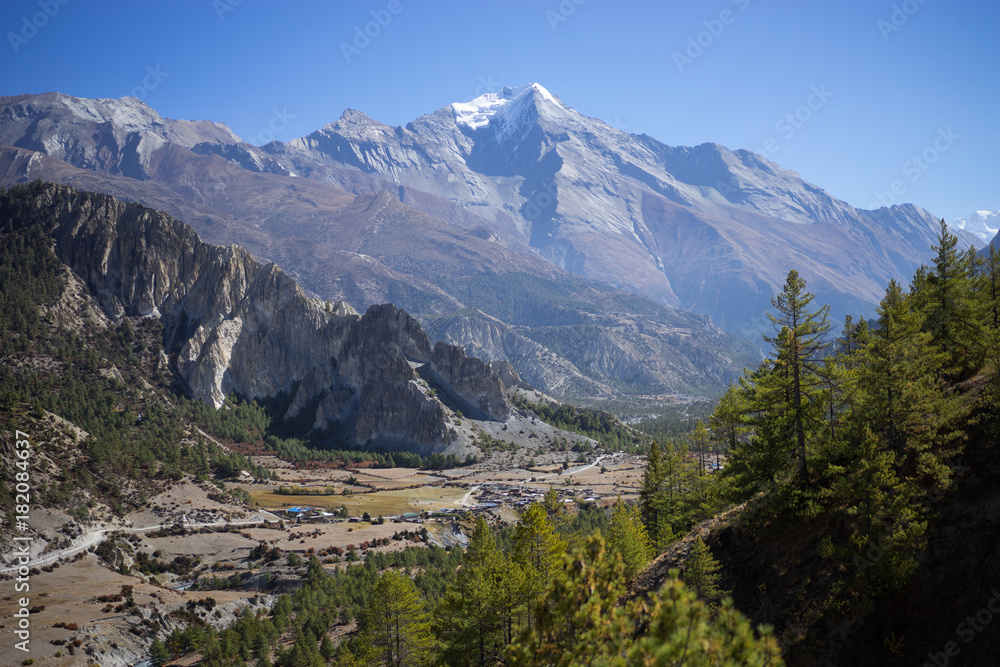Obraz premium Pisang Peak and Forest in the Himalaya mountains, Annapuna region, Nepal