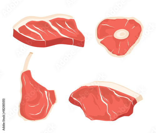 Set different cuts of meats. Pictures for concept of farmer's market and shop. Vector Illustration.