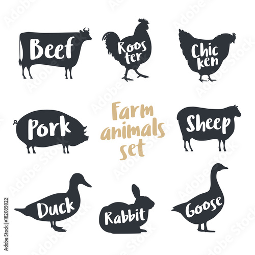 Set of farm animals with sample text. Silhouettes hand drawn animals: cow, rooster, chicken, sheep, pig, rabbit, duck, goose. Vector illustration.