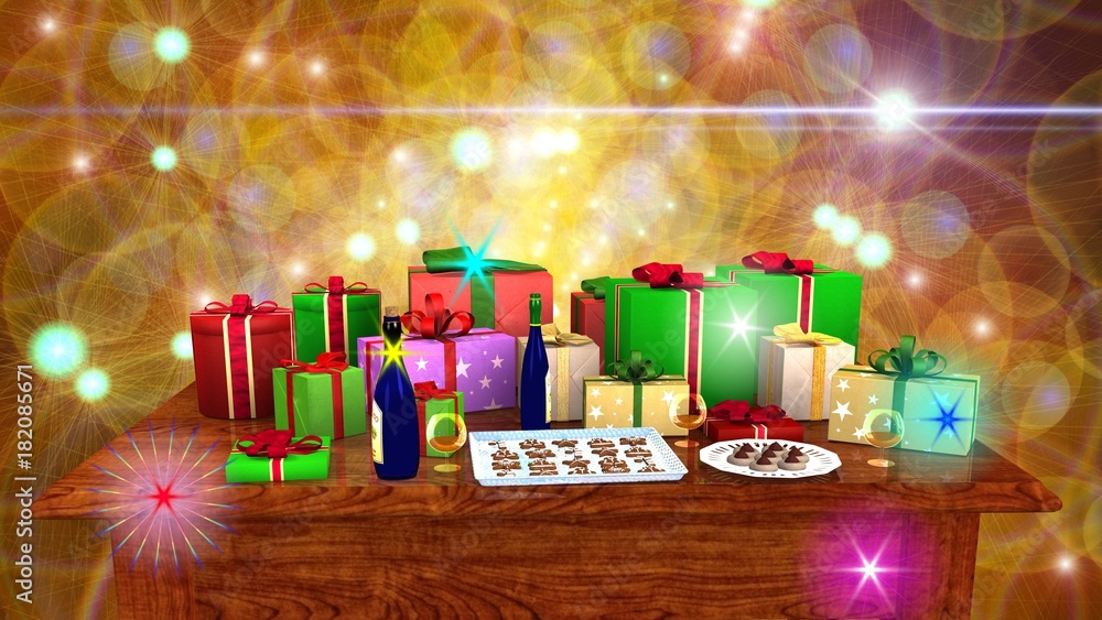 Tavolo rettangolare in legno con pacchi regalo e dolciumi Tavolo rettangolare in legno con pacchi regalo e dolciumi