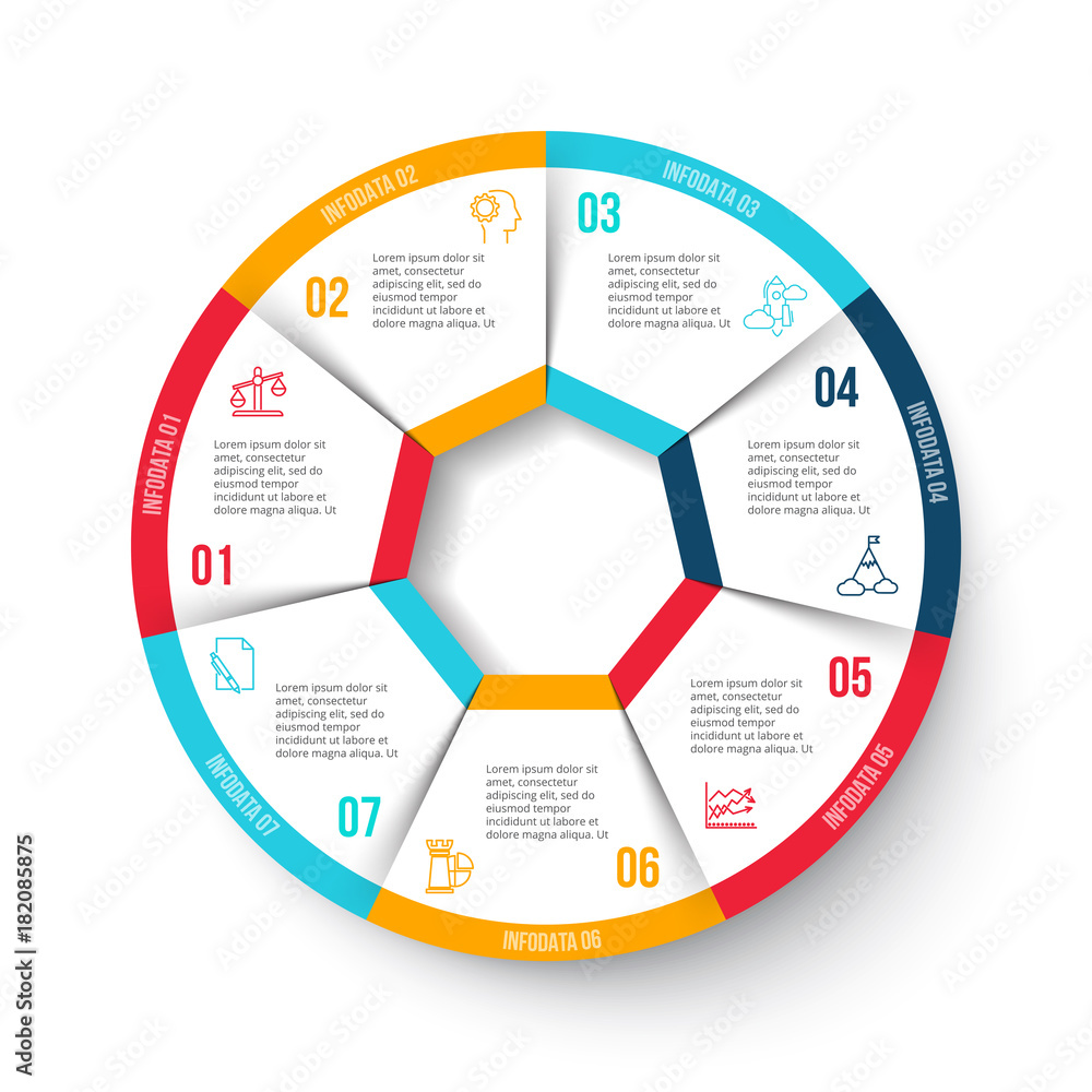 Vector circle element for infographic. Template for cycle diagram, graph, presentation and round chart. Business concept with 7 options, parts, steps or processes. Abstract background.
