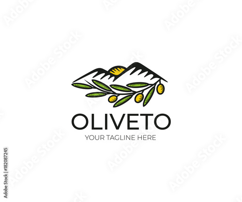 Olive Logo Template. Olive Grove Vector Design. Nature, Leaf, Mountains Illustration 