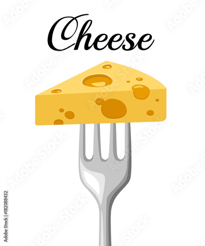 Triangular piece of cheese on a steel fork, object on the white background. Vector illustration