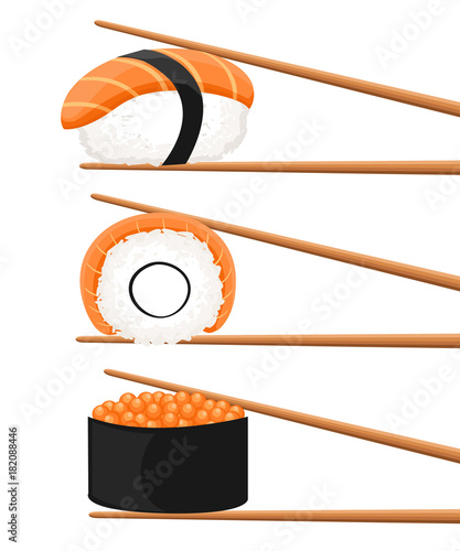 set of chopsticks holding sushi roll. concept of snack, susi, exotic nutrition, sushi restaurant, sea food. isolated on white background. flat style trend modern logotype design vector illustration