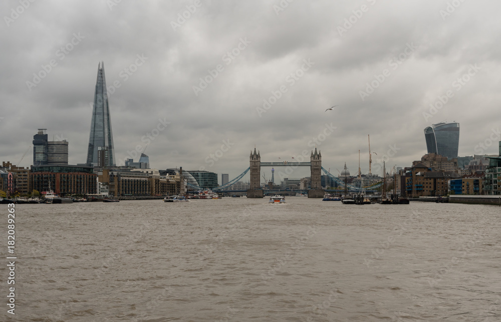 Panoramic view of the Tower Bridge in London viewed from the Thames river in late October