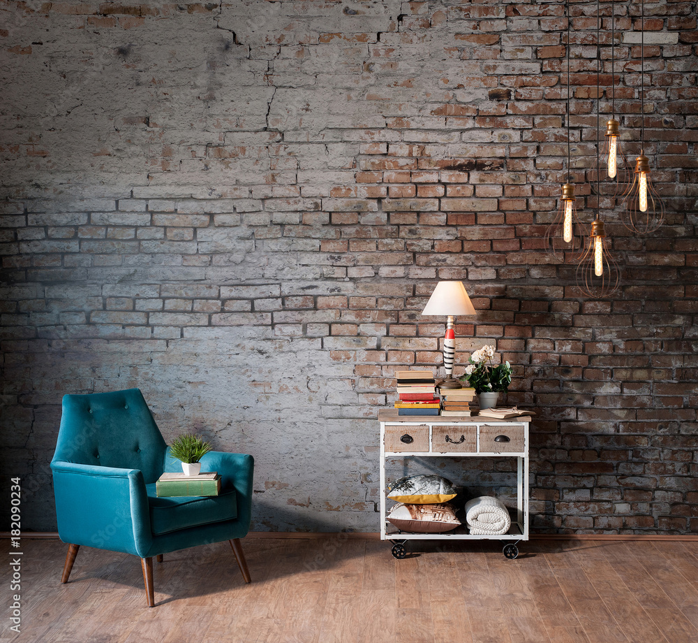 old brick wall background with sofa and desk, home ornaments like book lamp  pillow and blanket style with modern lamp interior decoration Stock Photo |  Adobe Stock