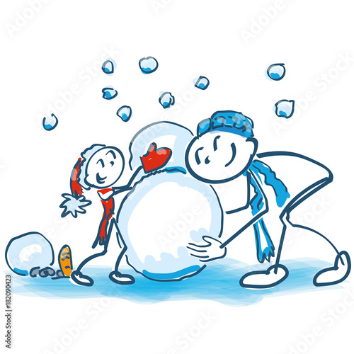 Strichmännchen als Vater und Sohn beim Schneemann bauen