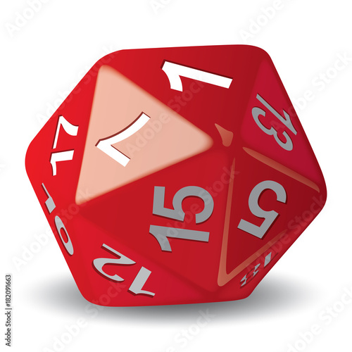 Illustration object given of 20 faces red, for role playing game, piece of game. Ideal for catalogs game instructions