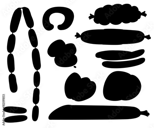 Meat products, sausage, bacon, ham, vector, beef, pork. Sausage isolated on white background. Black icon sausage. Vector illustration.