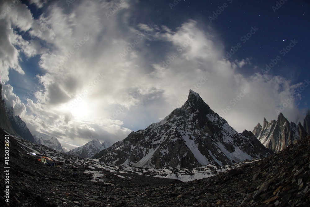 Naklejka premium Baltoro Glacier and high mountains K2 and Broadpok and Concordia base camp in Pakistan Karakorum