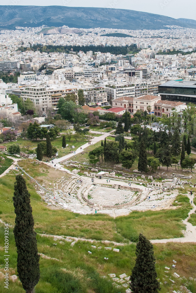 Panoramic view of theater of Dionysus in Athens Greece where is built at the foot of the Athenian Acropolis